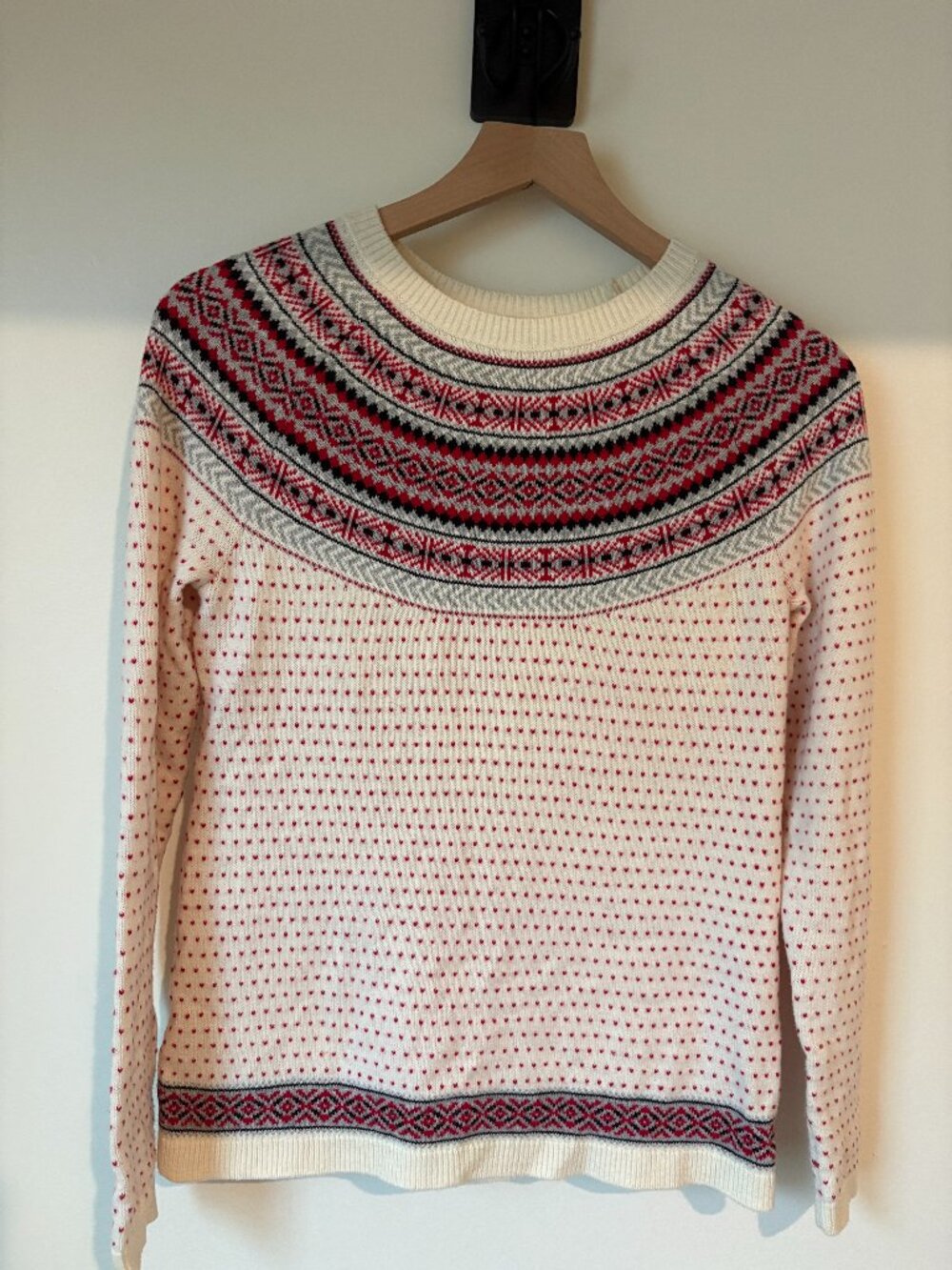 Talbots Fair Isle Knit Sweater Ivory Red Gray Crew Neck XS